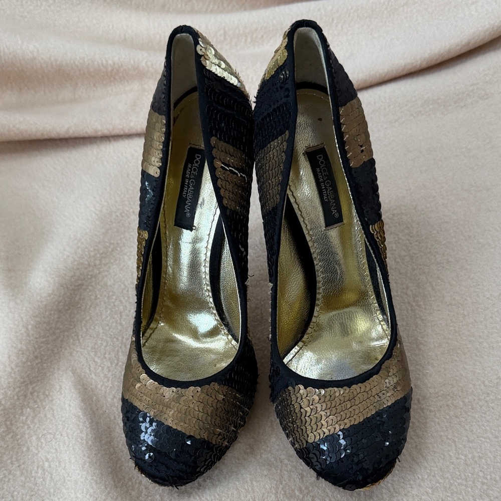 Dolce & Gabbana Black and Gold Sequin Heels, Size 6